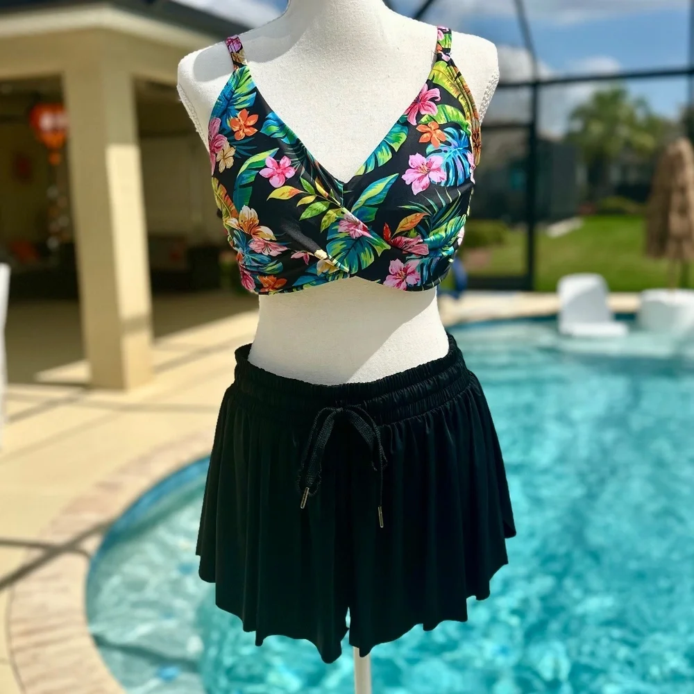 Aqua Eve, Underwire Push Up Bikini Top W/ Butterfly Swim Skorts, Size L - Picture 1 of 13